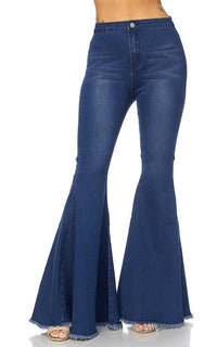 Wide Leg High Waisted Bell Bottom Jeans - Dark Denim - SohoGirl.com