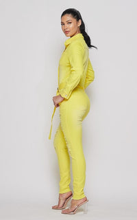 Distressed Denim Washed Belted Jumpsuit - Yellow - SohoGirl.com