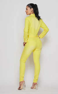 Distressed Denim Washed Belted Jumpsuit - Yellow - SohoGirl.com