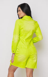 Distressed Long Sleeve Denim Romper - Neon Green - SohoGirl.com