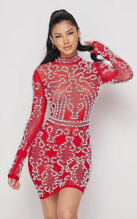 Damask Beaded Pearl Rhinestone Dress in Red - SohoGirl.com