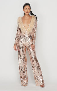 Feathered Deep-V Sequin Jumpsuit - Rose Gold - SohoGirl.com