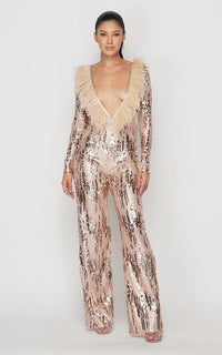 Feathered Deep-V Sequin Jumpsuit - Rose Gold - SohoGirl.com