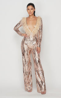 Feathered Deep-V Sequin Jumpsuit - Rose Gold - SohoGirl.com