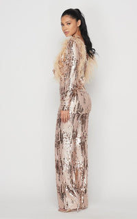 Feathered Deep-V Sequin Jumpsuit - Rose Gold - SohoGirl.com