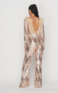 Feathered Deep-V Sequin Jumpsuit - Rose Gold - SohoGirl.com