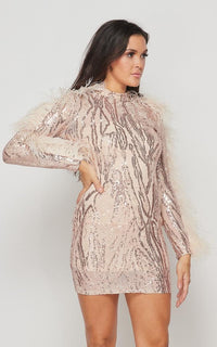 Feathered Sleeve Sequin Dress - Rose Gold - SohoGirl.com