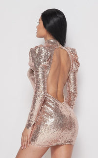 Rose Gold Sequin Puff Sleeve Keyhole Dress - SohoGirl.com