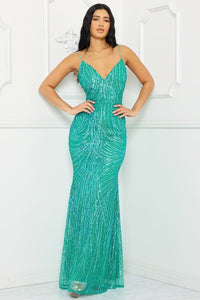 SYMPHONY MERMAID MAXI DRESS WITH PATTERNED SEQUINS OPEN CROSS BODY BACK- SEA GREEN - SohoGirl.com