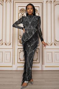 BANJUL RHINESTONE LONG SLEEVE MAXI DRESS -BLACK - SohoGirl.com