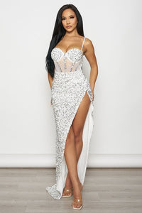 Mesh Corset Sequin Maxi Dress - White - SohoGirl.com