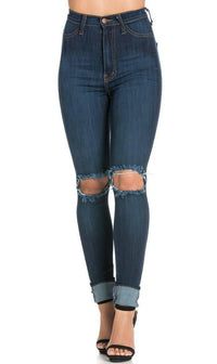 Ripped Knee Super High Waisted Skinny Jeans (Plus Sizes Available) - Dark Blue - SohoGirl.com