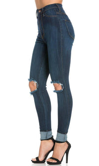 Ripped Knee Super High Waisted Skinny Jeans (Plus Sizes Available) - Dark Blue - SohoGirl.com