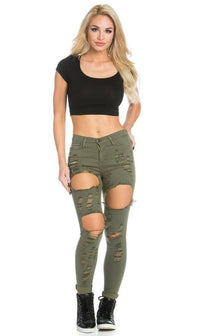 Super Distressed High Waisted Skinny Jeans in Olive Green - SohoGirl.com