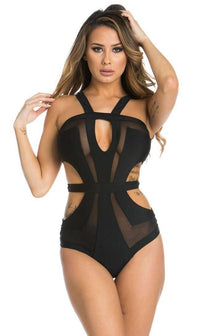 Black Widow Sheer Illusion Cut Out One Piece Swimsuit in Black - SohoGirl.com