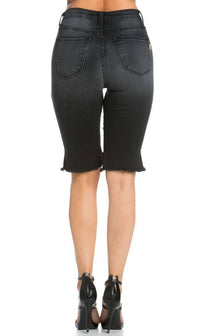 High Waisted Shredded Cut Off Bermuda Shorts in Black - SohoGirl.com