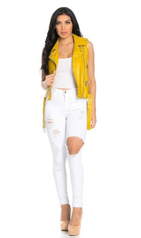 Zipped Faux Leather Moto Vest in Mustard - SohoGirl.com