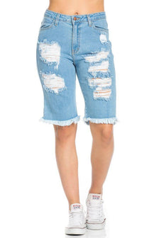 High Waisted Distressed Bermuda Shorts in Light Blue - SohoGirl.com