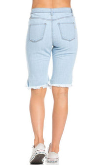 High Waisted Shredded Cut Off Bermuda Shorts in Light Blue (Plus Sizes Available) - SohoGirl.com