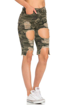 High Waisted Shredded Cut Off Bermuda Shorts in Camouflage - SohoGirl.com