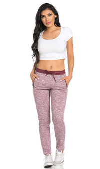 Faux Leather Detail Banded Drawstring Jogger Pants in Burgundy - SohoGirl.com