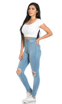 Ripped Knee Super High Waisted Skinny Jeans (Plus Sizes Available)- Light Blue - SohoGirl.com