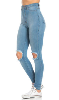 Ripped Knee Super High Waisted Skinny Jeans (Plus Sizes Available)- Light Blue - SohoGirl.com