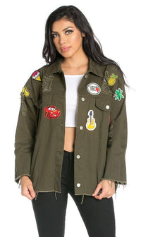 Oversized Patched and Distressed Denim Jacket in Olive (S-XL) - SohoGirl.com
