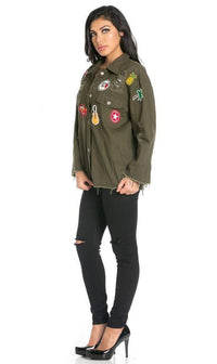 Oversized Patched and Distressed Denim Jacket in Olive (S-XL) - SohoGirl.com
