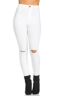 Super High Waisted Knee Slit Skinny Jeans - White - SohoGirl.com