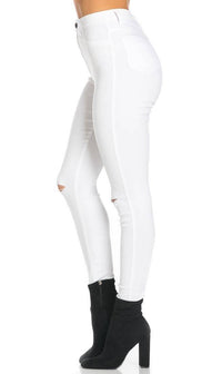 Super High Waisted Knee Slit Skinny Jeans - White - SohoGirl.com