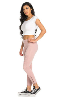 Ribbed Biker Ankle Zipped Jeggings in Dust Pink - SohoGirl.com