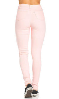 Super High Waisted Knee Slit Skinny Jeans in Light Pink - SohoGirl.com