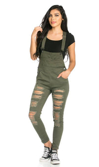 Ripped Skinny Leg Overalls in Olive - SohoGirl.com