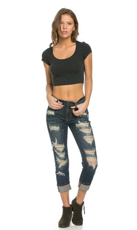 Cuffed and Destructed Boyfriend Jeans in Dark Wash (Plus Sizes Available) - SohoGirl.com