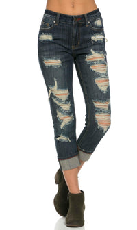 Cuffed and Destructed Boyfriend Jeans in Dark Wash (Plus Sizes Available) - SohoGirl.com