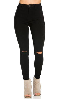 Super High Waisted Knee Slit Skinny Jeans - Black - SohoGirl.com