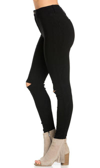 Super High Waisted Knee Slit Skinny Jeans - Black - SohoGirl.com