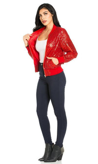All Over Sequin Bomber Jacket in Red - SohoGirl.com