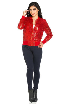 All Over Sequin Bomber Jacket in Red - SohoGirl.com