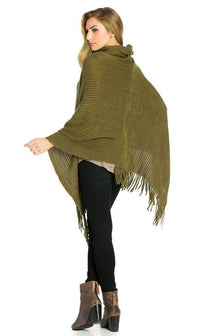Solid Ribbed Cowl Neck Poncho in Olive - SohoGirl.com