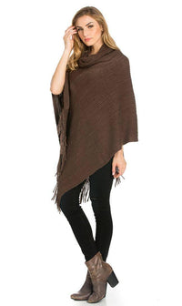 Solid Ribbed Cowl Neck Poncho in Brown - SohoGirl.com