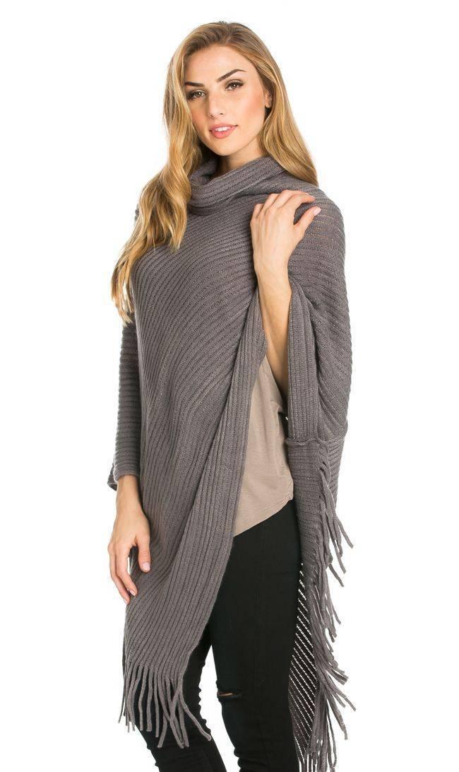 Solid Ribbed Cowl Neck Poncho in Gray – SohoGirl.com