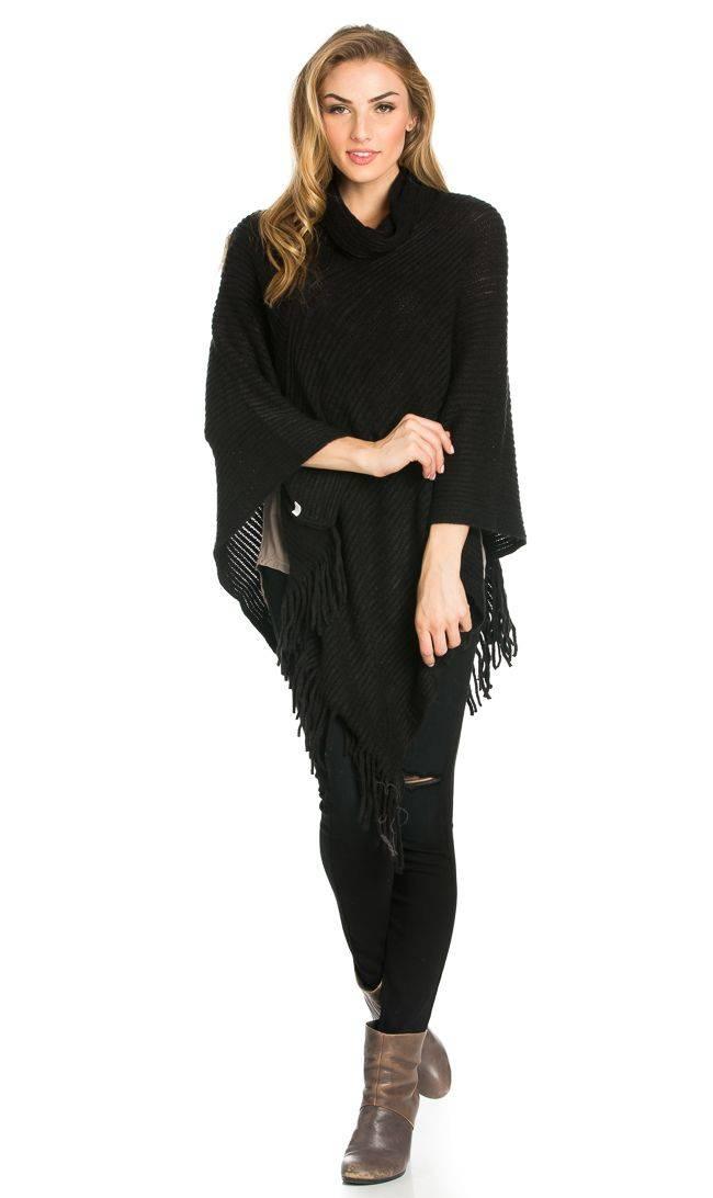 Solid Ribbed Cowl Neck Poncho in Black – SohoGirl.com