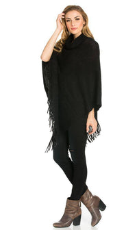 Solid Ribbed Cowl Neck Poncho in Black - SohoGirl.com
