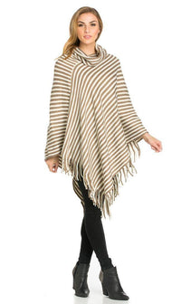 Striped Cowl Neck Fringed Poncho in Beige - SohoGirl.com