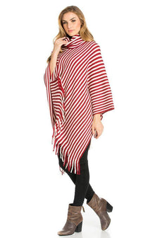 Striped Cowl Neck Fringed Poncho in Red - SohoGirl.com