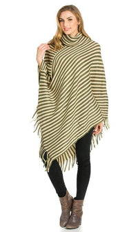Striped Cowl Neck Fringed Poncho in Olive - SohoGirl.com