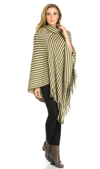 Striped Cowl Neck Fringed Poncho in Olive - SohoGirl.com