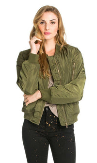 Olive Puffy Solid Ruched Detail Bomber Jacket - SohoGirl.com